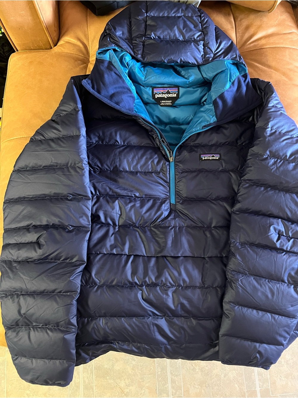 Patagonia Navy Puffer Jacket with Teal Lining